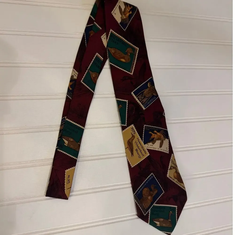 Harken Ltd Men's 60” Silk Tie Red Waterfowl Stamps Ducks Hand Sewn in USA Silk